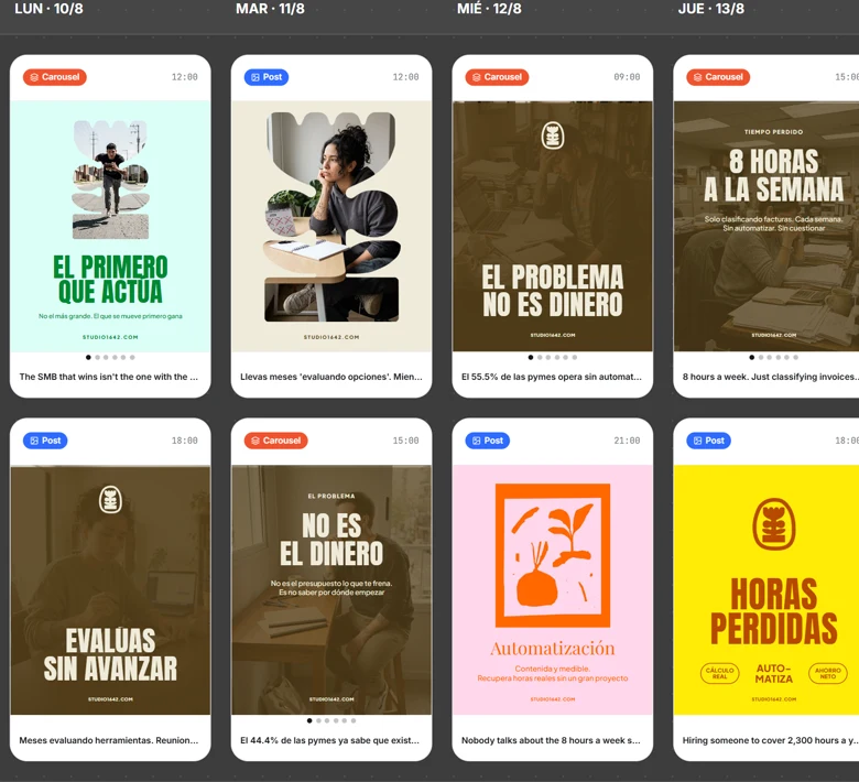 El canvas de Visto con la semana de contenido: cada pieza en su día, lista para aprobar.